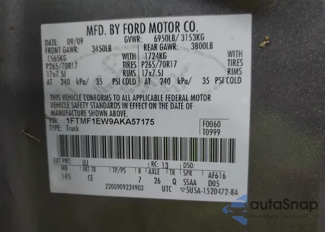 2010 Ford F-150 Stx/Xl/Xlt из США, поврежденный, VIN 1FTMF1EW9AKA57175